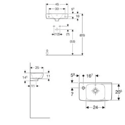 Geberit Renova Compact Handwaschbecken 45 Cm Verkürzte Ablage, Mit Ablagefläche Und Hahnloch Links