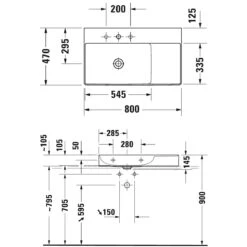 Duravit DuraSquare Waschtisch Geschliffen Asymmetrisch Mit 1 Hahnloch 80 X 47 Cm, Becken Links