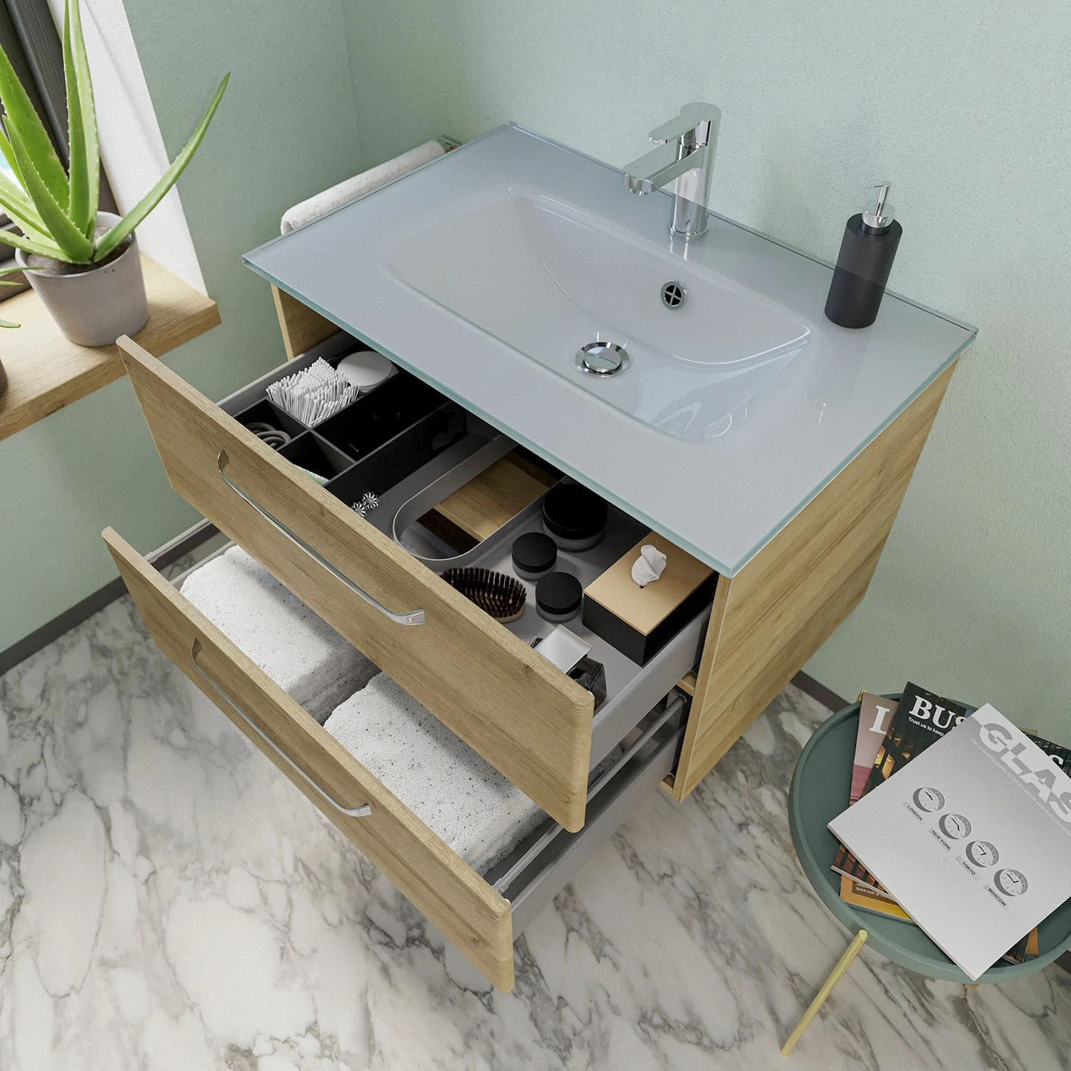 Pelipal Trentino Möbelkombination Mit Glaswaschtisch 77 Cm, SPS Mit LED Aufbauleuchte 2 Pelipal Trentino Möbelkombination Mit Glaswaschtisch 77 Cm, SPS Mit LED Aufbauleuchte – Bild 2