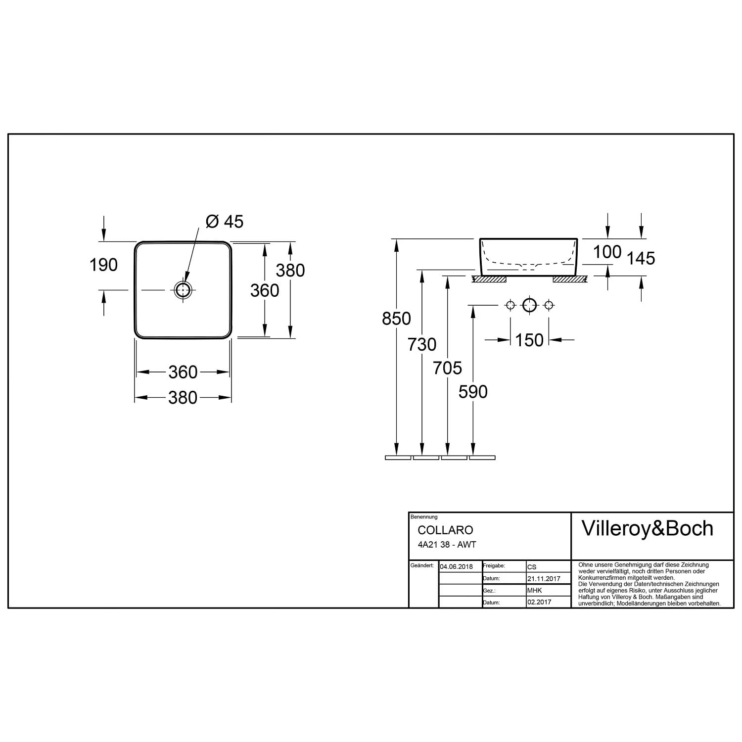 Villeroy & Boch Collaro Aufsatzwaschtisch 38 Cm Eckig Ohne Überlauf, Ohne Hahnloch 2 Villeroy & Boch Collaro Aufsatzwaschtisch 38 Cm Eckig Ohne Überlauf, Ohne Hahnloch – Bild 2