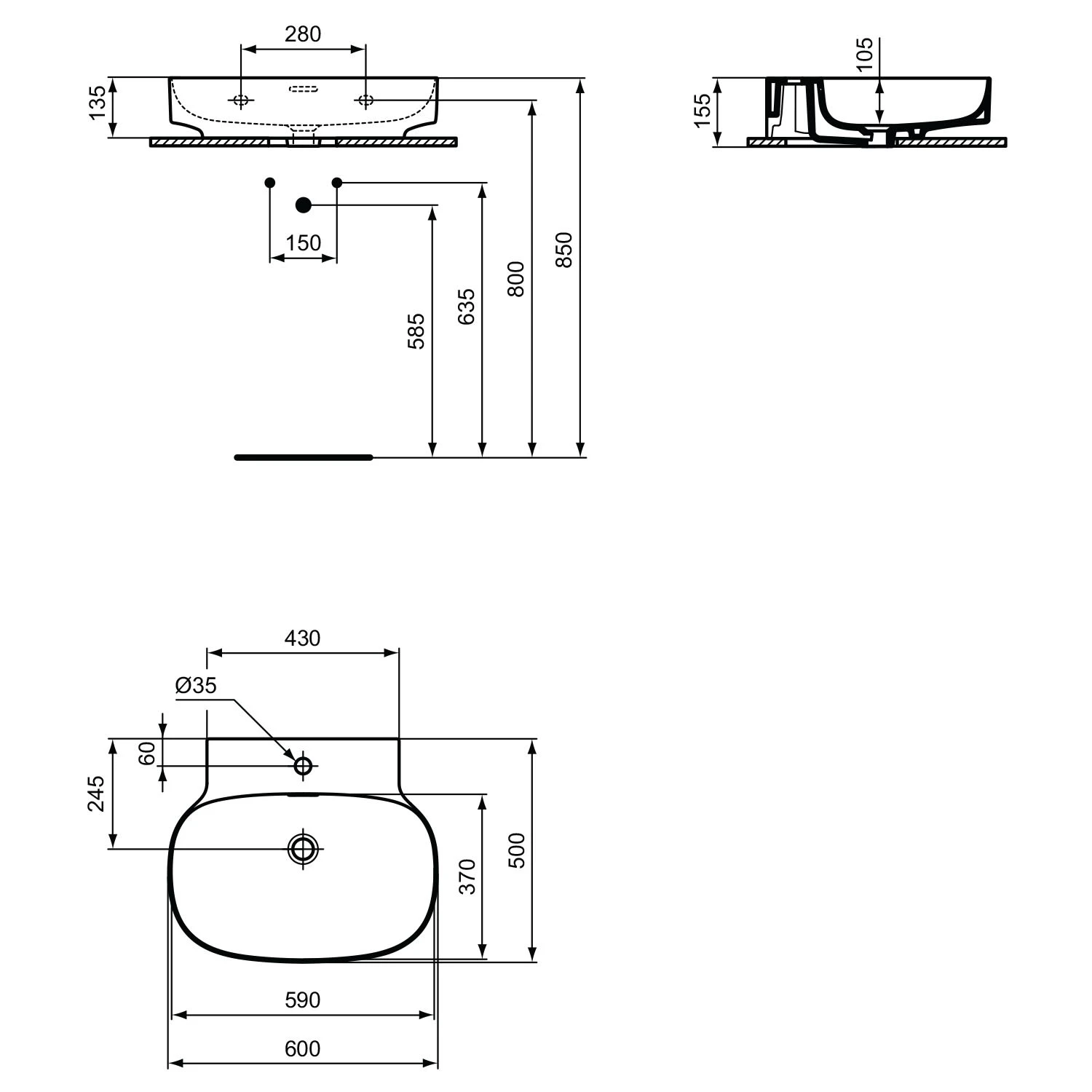 Ideal Standard Linda-X Waschtisch 60 Cm, 1 Hahnloch, Mit Überlauf 3 Ideal Standard Linda-X Waschtisch 60 Cm, 1 Hahnloch, Mit Überlauf – Bild 3