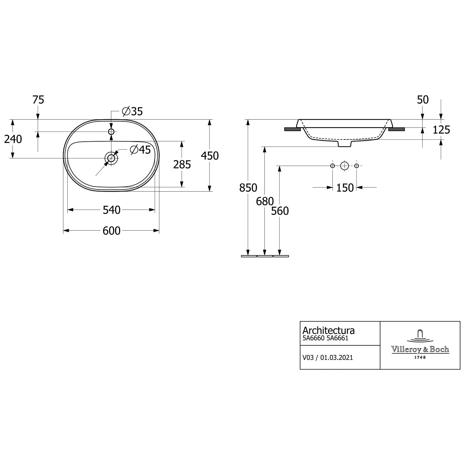 Villeroy & Boch Architectura Einbauwaschbecken 60 X 45 X 17 Cm, Oval, Mit Überlauf, Ungeschliffen 4 Villeroy & Boch Architectura Einbauwaschbecken 60 X 45 X 17 Cm, Oval, Mit Überlauf, Ungeschliffen – Bild 4
