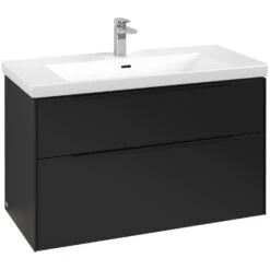 Villeroy & Boch Subway 3.0 Waschtischunterschrank 97,3 Cm, 2 Auszüge, Griffe Volcano Black, Mit LED-Licht