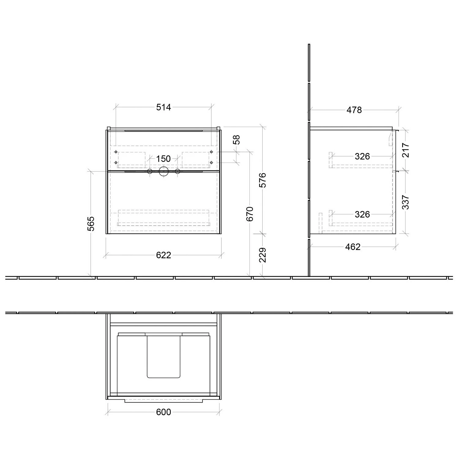 Villeroy & Boch Subway 3.0 Waschtischunterschrank 62,2 Cm, 2 Auszüge, Griffe Volcano Black, Ohne LED-Licht 4 Villeroy & Boch Subway 3.0 Waschtischunterschrank 62,2 Cm, 2 Auszüge, Griffe Volcano Black, Ohne LED-Licht – Bild 4